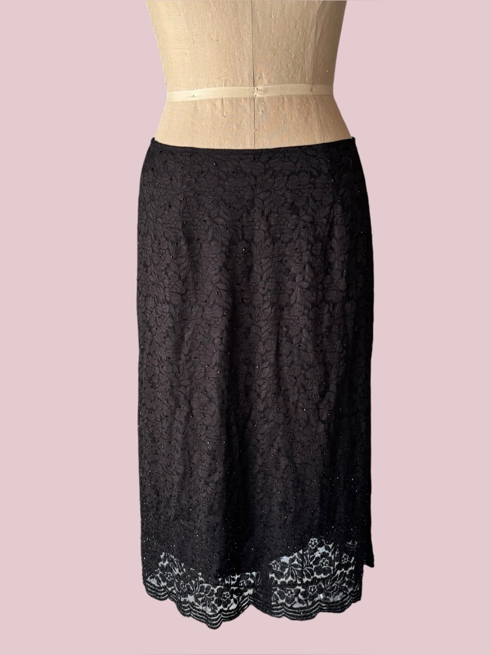 Vintage 90s Black Lace Silk Beaded Midi Skirt
